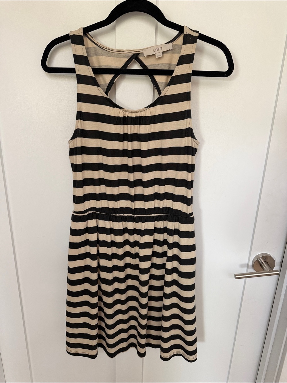 LOFT Black and Cream Striped Midi Dress